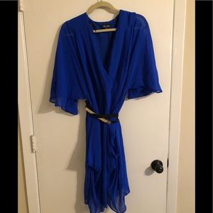City Chic blue wrap dress w/ black & gold belt
